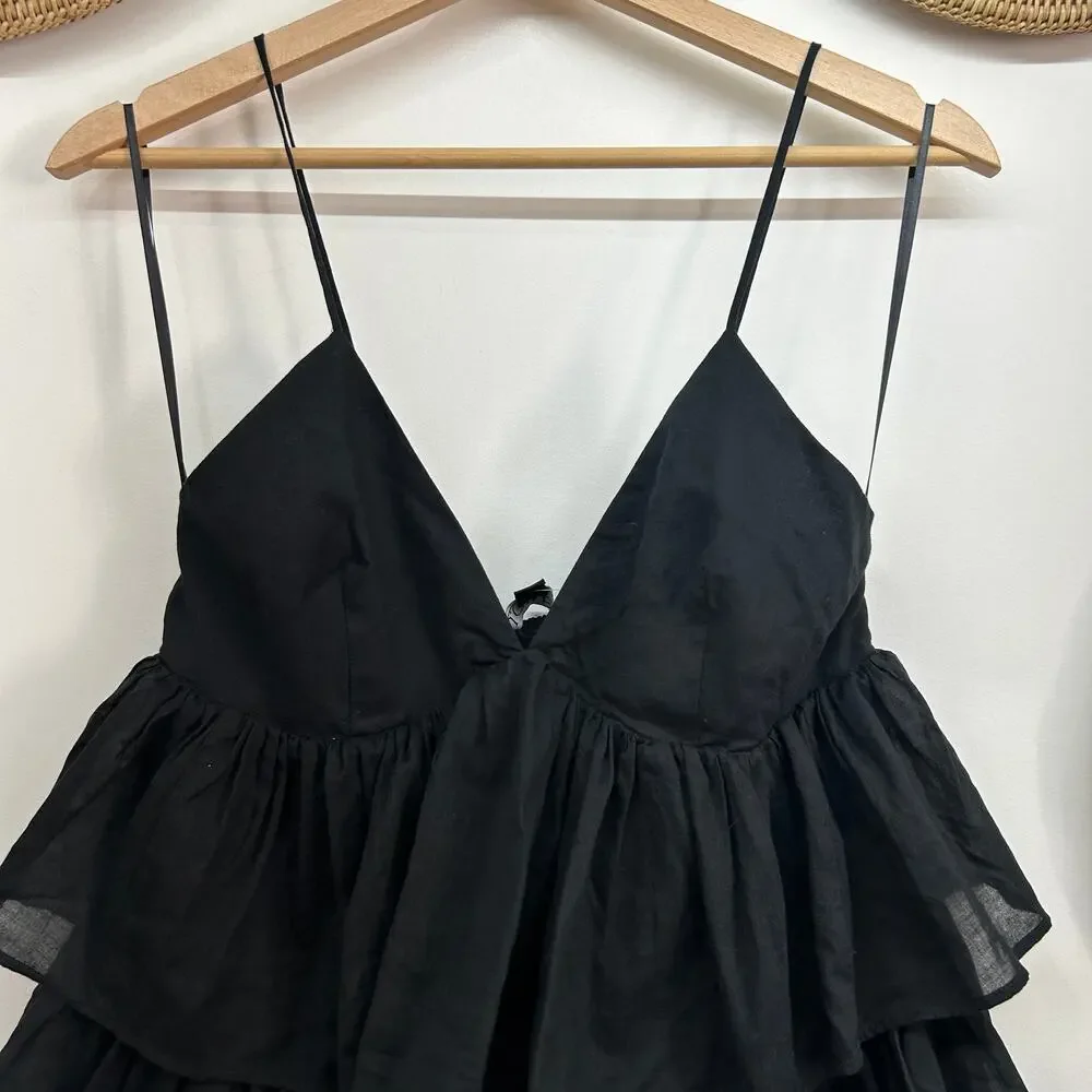 NEW $148 J. Crew Black Sleeveless V-Neck Ruffle Tier Mini Dress 2 100% Cotton